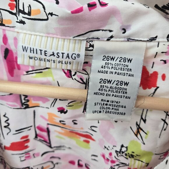 Vintage White Stag Plus White Abstract Cafe Town Button Up Shirt Size 26W/28W - Picture 8 of 12